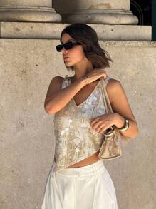 Siren Gaze Áo cánh không tay cổ chữ V lấp lánh viền bất đối xứng cho nữ - Màu be - Xem 12