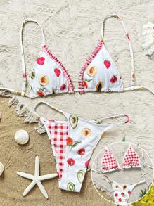 Swim Mod Fruit Checkered Print Sweet Holiday Bohemian Style Women's Bikini Set For Summer Beach Vacation - Multicolor - View 5