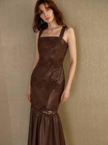 MOTF PREMIUM VESTIDO DE PU CON ENCAJE GUIPUR DE CONTRASTE - Marrón - Ver 7