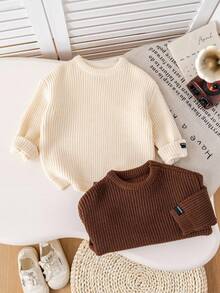 SHEIN 青少年男孩圆领长袖针织休闲套头毛衣