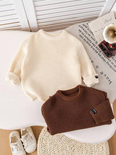 SHEIN 2pcs/Set Back To School Young Boys' Brown & Khaki Textured Loose Pullover Sweaters, Versatile For Casual Wear, Home, School,In Fall/Winter