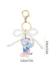 Pop Mart Azura X SHEIN Exquisite Handmade Beaded & Faux Pearl Bow Cartoon Pattern Metal Keychain Bag Charm, Dreamy