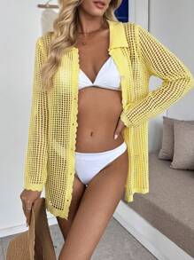 Breezaya Women's Light Yellow Semi-Sheer Open Knit Button-Up Cardigan. This Long Sleeve Collared Top Serves As A Stylish Beach Cover-Up Or A Casual Summer Tunic, Offering Breezy Comfort And Relaxed Style. - Yellow - View 5