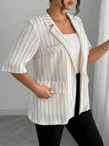 Elenzga Plus Size Women Elegant Striped Lapel Short Sleeve Open Front Fake Pocket Loose Blazer Jacket
