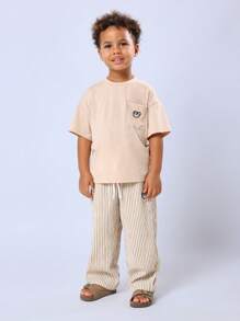 SUMWON Ensemble casual d'été en deux pièces pour enfants, t-shirt avec poche, pantalon rayé, tenue de plage, tenue quotidienne, ensemble pour les jeux - Kaki - Voir 1
