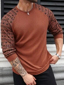 Manfinity Homme Plus Size Men's Casual Numeric & Letter Print Round Neck Short Sleeve T-Shirt, Men's Graphic Sweaters Brown And Orange, Men's Textured Long Sleeves, Fall Men's Tops Long Sleeve Coffee Brown, Mens Clothes Long Sleeve - Coffee Brown - View 3