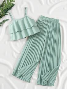 SHEIN Vintaside Kids 少女分層縫邊背心上衣和褶裥寬腿褲 - 綠色 - 查看 7