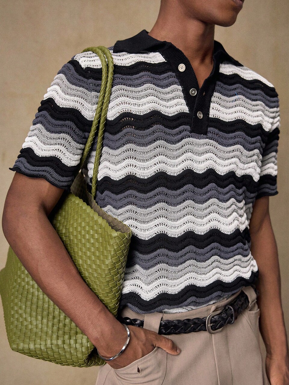 Men's Knit Collar Short Sleeve Fitted Top, Suitable For Daily Wear, Spring/Summer, Holiday, Party, Couple Wavy Striped Top