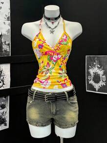 SHEIN Unity Women's Yellow Floral Print Cross Back Halter Top - Multicolor - View 5