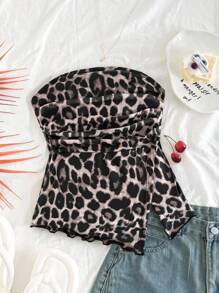 SHEIN Girlism 青少年女孩合身休闲简约舒适豹纹不对称下摆上衣 - 卡其色 - 查看 5