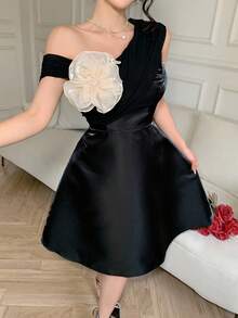 Feyla Women's Asymmetric Neckline Floral Decor Waist Cinched Short Dress - Black - View 1