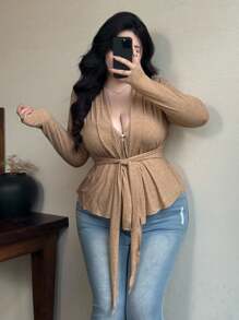 Flirla Plus Size Women V-Neck Gathered Waist Cinched Waist Khaki Bodycon T-Shirt With Asymmetric Hem, Fall Top, Autumn/Winter