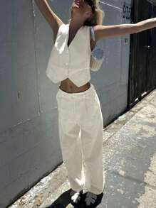 INAWLY 2pcs Women Solid Color V-Neck Sleeveless Top And Pocketed Pants Casual Outfit - White - View 2