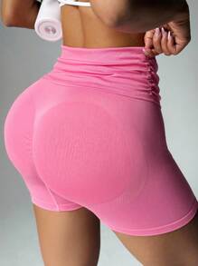 SHEIN Seamless And High Elasticity Sports Fitness Shorts With Foldable Waistband Workout Short - Multicolor - View 8