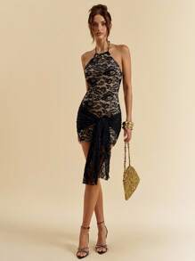 SHEIN BAE 女式黑色蕾丝吊带束腰修身优雅迷你连衣裙、乡村音乐会服装、外出服装、女士度假服装、女士生日礼服、女士性感俱乐部服装、女士黑色连衣裙、万圣节 - 黑色 - 查看 5