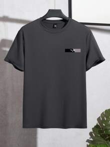 Manfinity Homme Men's Casual Seagull Print Round Neck Short Sleeve T-Shirt, Summer - Dark Grey - View 3