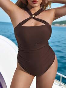 Maija Einteiliger Badeanzug in Große Größen mit Halterung im Einfarbigen Design, ideal für Urlaub & Strand