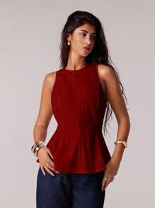 Avantive 女式休闲纯色无袖短款上衣，夏季 - 酒紅色 - 查看 6