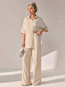 CLARA VERO Conjunto de 2 piezas de mujer de unicolor tejido, con blusa/camisa abotonada y pantalón de pierna ancha con cintura elástica, conjunto casual para fines de semana y salidas