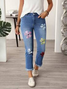 EMERY ROSE Women Floral Embroidered Patch Skinny Casual Versatile Jeans