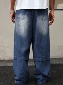 Manfinity Roghcode 宽松美式休闲印花硬质牛仔裤 - 藍色 - 查看 3