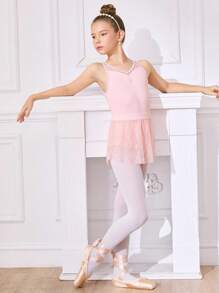 SHEIN 女童粉色对比色蕾丝交叉后背紧身连体衣芭蕾舞服和配套蕾丝裙芭蕾套装，四向弹力高弹力