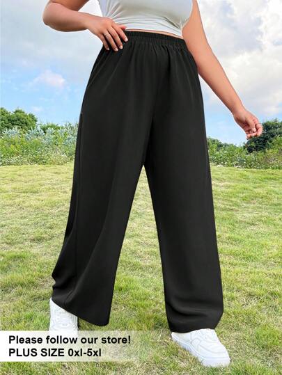 SHEIN EZwear Pantalones largos de tela con cintura elástica de unicolor, ideal para vacaciones y tiempo libre, talla plus para señoras