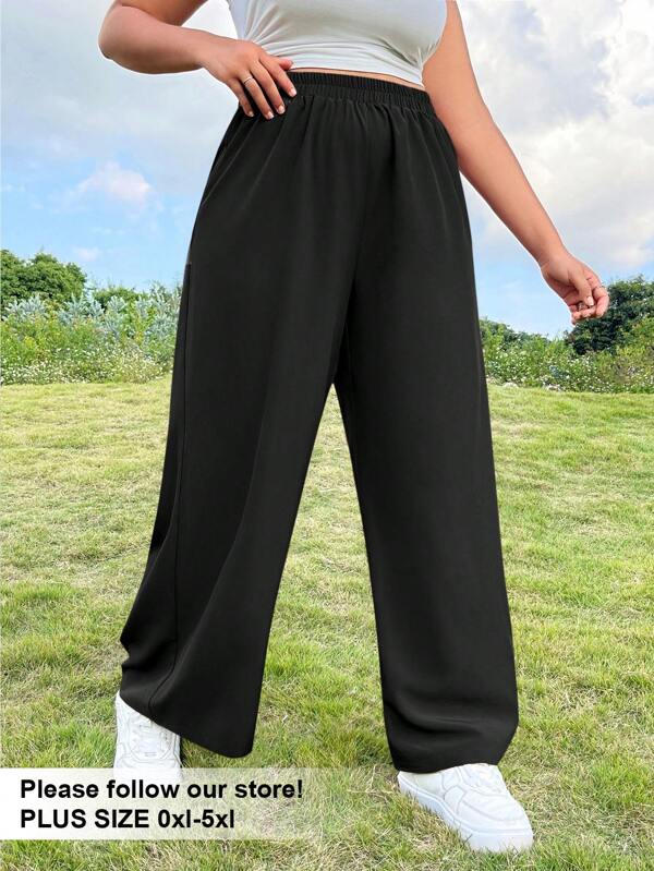 Solflare Plus Size Ladies" Vacation Leisure Solid Color Elastic Waist Woven Long Pants