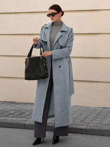 CLARA VERO 大码女式插肩袖长款羊毛大衣，带口袋和腰带，秋冬 - 灰色 - 查看 6