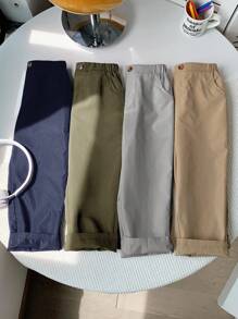 SHEIN Quần dài rộng rãi thoải mái phong cách học viện thường ngày LMoss Kids 4 món/bộ cho bé trai mùa thu, màu trơn, thiết kế nút và túi, rộng rãi, thoải mái, đa năng cho các hoạt động ngoài trời, kỳ nghỉ, tiệc tùng, trường học, mặc ở nhà, thích hợp cho mùa xuân và mùa hè - Nhiều màu - Xem 6