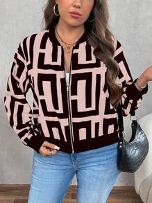 SHEIN LUNE Plus Size Women Geometric Pattern Baseball Jacket, Long Sleeve Fall Winter Cloth For Women Autumn - Pink - View 5