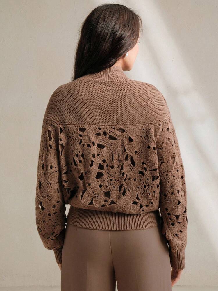 Anewsta Patchwork Hollow Floral High Collar Lantern Sleeve Women's Winter Knitted Sweater, Women Floral Pullover Knitwear Autumn/Winter