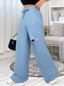 SHEIN EZwear Women's Casual Hazy Blue Distressed Drawstring Waist Wide Leg Sports Pants