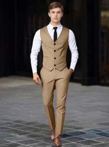 SHEIN 2pcs Teen Boy Gentleman Suit Set, Gray Slim Fit Vest + Quality Long Pants, Elegant & Formal Outfit For Birthday, Wedding, Graduation Party, Ceremony Fall Winter - Mocha Brown - View 4