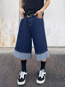 Manfinity EMRG 男士休闲街头风格卷边阔腿牛仔短裤 - 深色水洗藍 - 查看 4