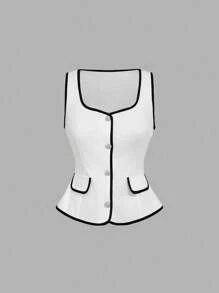 SHEIN MOD Square Neck Decorated Pocket Elegant White Outfit - White - View 8