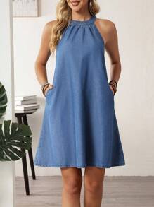 EMERY ROSE 女式度假休闲挂脖牛仔连衣裙 - 藍色 - 查看 9