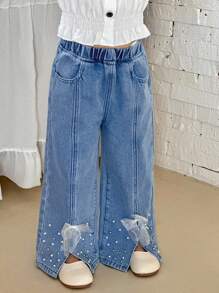 SHEIN 年轻女孩的白色和银色串珠浅色蝴蝶结牛仔阔腿裤，女童春夏休闲度假乡村波西米亚风装，女童沙滩装，女童西部街头装，春假装，狂欢装节日牛仔裤，年轻女孩度假装