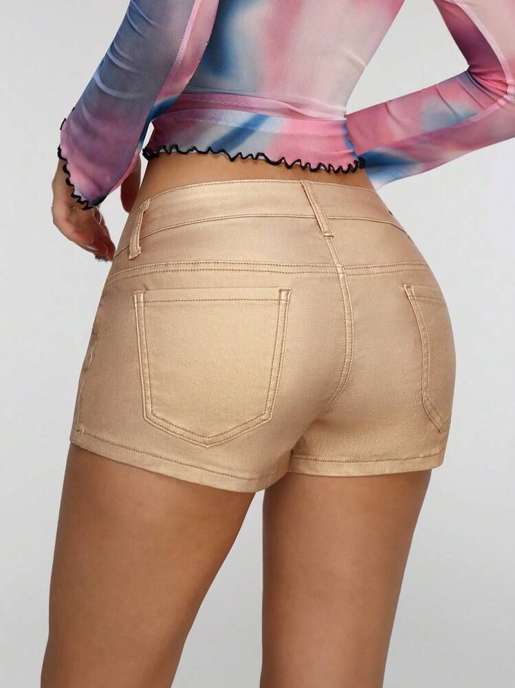 Jeanoix 街头风格镀金卷边低腰短裤 - 金色 - 查看 2