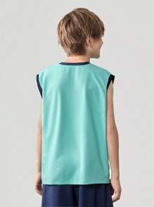 JNSQ 户外专业运动宽松背心，儿童圆领撞色拼接前趣味字母印花户外专业运动宽松背心上衣 - 藍色 - 查看 3