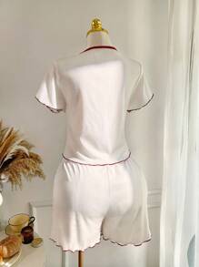 SHEIN EZwear 大码夏季度假休闲针织短袖T恤和短裤两件套 - 白色 - 查看 2