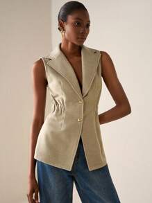 Zivah 20  Fall/Winter New Arrival College Style Music Festival Graduation Casual Daily Vacation Beach Sunbathing Streetwear Commute Elegant Lapel Vest Sleeveless Overcoat Thin A-Line Waisted Apricot Woolen Vest - Apricot - View 4