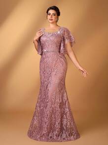 Serin Đầm mẹ dáng ôm cổ tròn thanh lịch lãng mạn cỡ lớn đính hoa trang trí tay bèo nhún viền đuôi cá - Bụi hồng - Xem 4