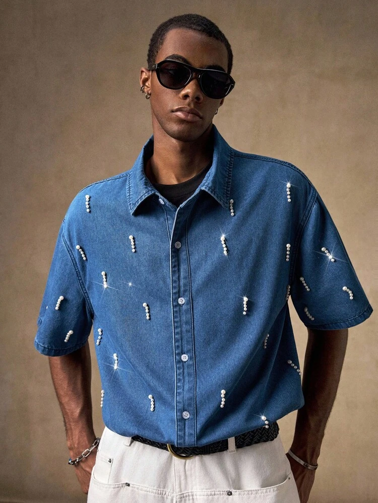 Men's Handmade Beaded Shirt, Vacation Party Casual Loose Fit Short Sleeve, Fashion Everyday Wear, Gift For Boyfriend/Teacher
