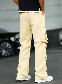 Manfinity Homme 男士宽松翻盖口袋侧抽绳腰工装裤休闲裤，秋季 - 黃色 - 查看 3