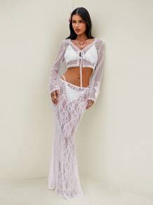 Bonvoyette 女式夏季性感海滩度假前结花卉贴花透明网眼罩衫和服