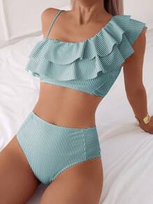 SHEIN Swim Printed Random Stripe Patchwork Ruffle Trim Asymmetrical Neck Crop Top And High Waist Bikini Set For Summer Beach Vacation - Multicolor - View 1