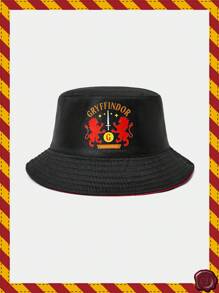 HARRY POTTER X SHEIN 双面字母与狮子印花黑色休闲渔夫帽 - 黑色 - 查看 1