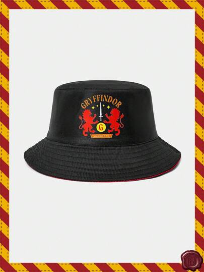 HARRY POTTER X SHEIN 双面字母与狮子印花黑色休闲渔夫帽