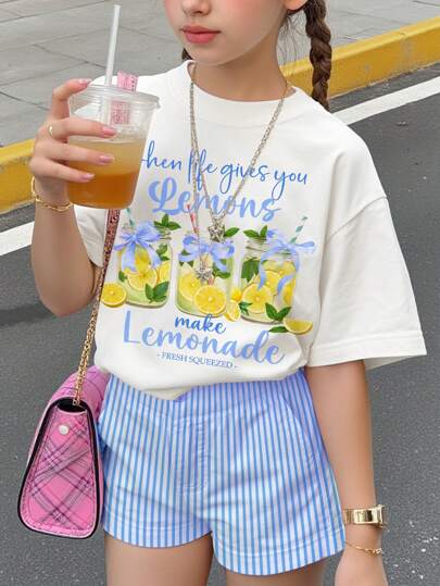 SHEIN Leap Crew Teen Girls' Casual Pattern Short Sleeve T-Shirt, Suitable For Summer Lemonade Shirt Kids Teen Girls Summer Clothes Cute Summer T Shirts Lemonade T-Shirt Kids Graphic Tees
